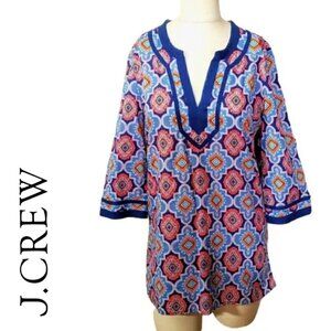 J.Crew XS Cotton Tunic Coverup Blouse Top 3/4 Sleeve Blue Pink Coral